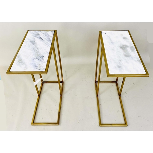 394 - MARTINI TABLES, pair, 60cm H x 46cm W x 22cm D, gilt metal frames with inset white marble tops. (2)