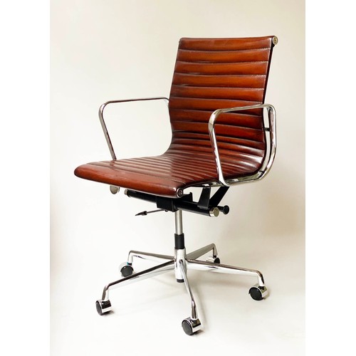 173 - REVOLVING DESK CHAIR, Charles and Ray Eames inspired with ribbed mid brown tan leather seat revolvin... 