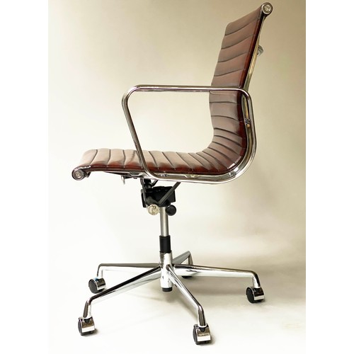 173 - REVOLVING DESK CHAIR, Charles and Ray Eames inspired with ribbed mid brown tan leather seat revolvin... 