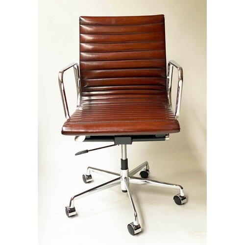 173 - REVOLVING DESK CHAIR, Charles and Ray Eames inspired with ribbed mid brown tan leather seat revolvin... 