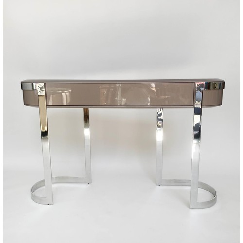 402 - MAB CONSOLE TABLE, 139cm W x 87cm H x 37cm D, contemporary bevelled, lacquered taupe top, with friez... 