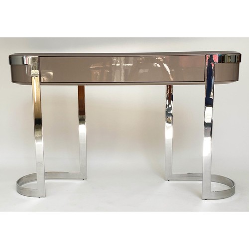 402 - MAB CONSOLE TABLE, 139cm W x 87cm H x 37cm D, contemporary bevelled, lacquered taupe top, with friez... 