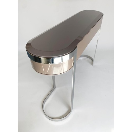 402 - MAB CONSOLE TABLE, 139cm W x 87cm H x 37cm D, contemporary bevelled, lacquered taupe top, with friez... 