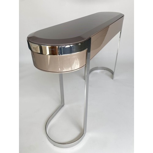 402 - MAB CONSOLE TABLE, 139cm W x 87cm H x 37cm D, contemporary bevelled, lacquered taupe top, with friez... 