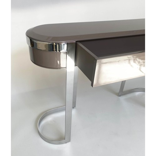 402 - MAB CONSOLE TABLE, 139cm W x 87cm H x 37cm D, contemporary bevelled, lacquered taupe top, with friez... 