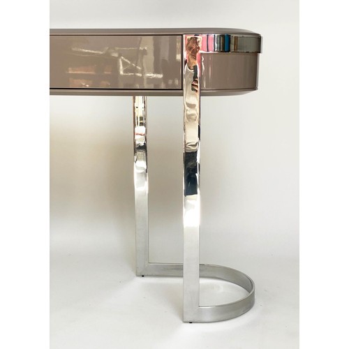 402 - MAB CONSOLE TABLE, 139cm W x 87cm H x 37cm D, contemporary bevelled, lacquered taupe top, with friez... 