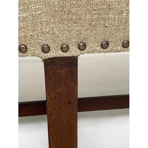 245 - HALL BENCH, George III mahogany, rectangular studded raw linen upholstered with stretchered supports... 