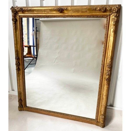 251 - OVERMANTEL MIRROR, 19th century French giltwood and gesso moulded, rectangular frame with floral det... 