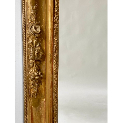 251 - OVERMANTEL MIRROR, 19th century French giltwood and gesso moulded, rectangular frame with floral det... 