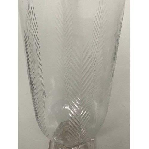 109 - STORM LANTERNS, a pair hand cut glass cylindrical with fern engraving and facetted stepped plinth, 3... 