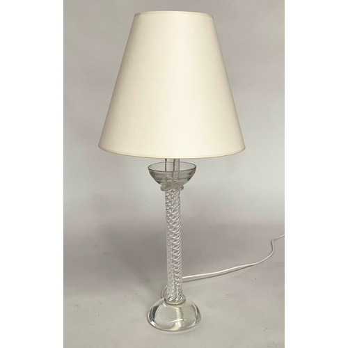 124 - TABLE LAMPS, a heavy pair lead glass with twist columns and solid cup bases with shades, 78cm H. (2)