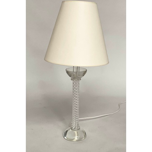 124 - TABLE LAMPS, a heavy pair lead glass with twist columns and solid cup bases with shades, 78cm H. (2)