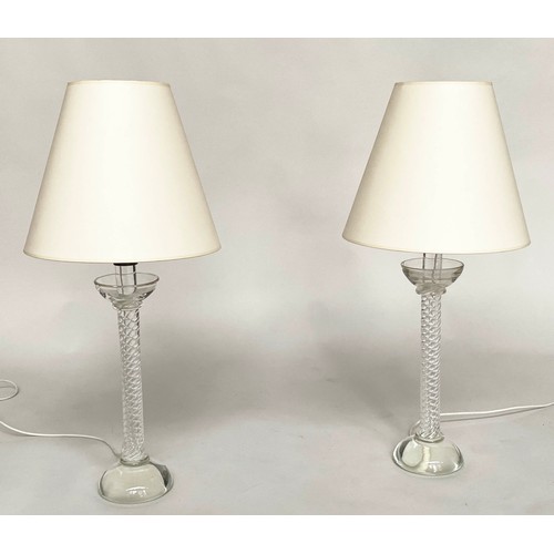 124 - TABLE LAMPS, a heavy pair lead glass with twist columns and solid cup bases with shades, 78cm H. (2)