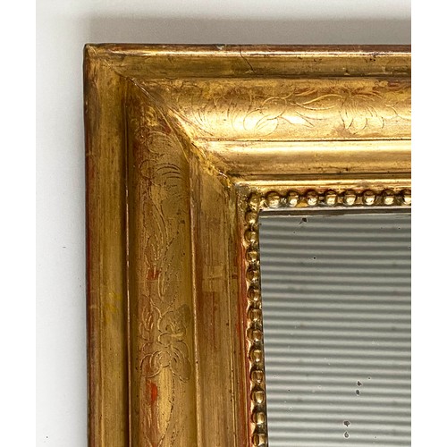 122 - OVERMANTEL MIRROR, 19th century French giltwood and gesso moulded with rectangular beaded frame, 107... 