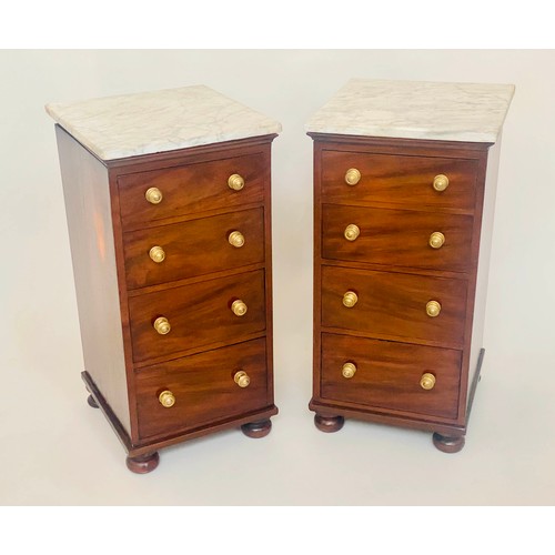 174 - PIER CHESTS, a pair Victorian figured mahogany each with four drawers and Carrara marble top, 40cm x... 