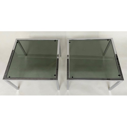 403 - MANNER OF MERROW ASSOCIATES SIDE TABLES, a pair, 1970s square chrome framed with sepia glass, 61cm x... 