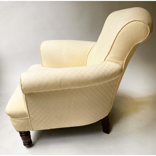 262 - ARMCHAIR, 19th century mahogany framed and pale yellow woven cotton upholstered, 77cm W.