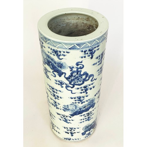 266 - STICK STAND, 61cm H x 27cm W, Chinese blue and white ceramic, of cylindrical form, with dragon and c... 