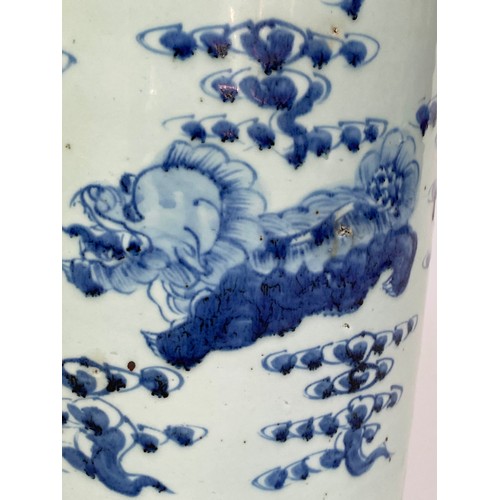 266 - STICK STAND, 61cm H x 27cm W, Chinese blue and white ceramic, of cylindrical form, with dragon and c... 