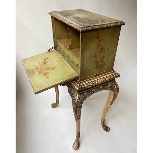 237 - CABINET ON STAND, early 20th century green lacquered and gilt Chinoserie decorated with fall front a... 