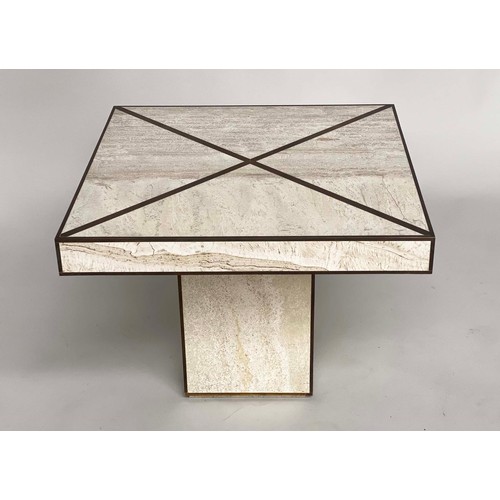 234 - TRAVERTINE LOW TABLE, 1970's Italian square travertine marble and brass metal inlaid and banded with... 