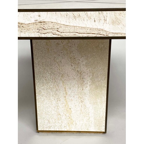 234 - TRAVERTINE LOW TABLE, 1970's Italian square travertine marble and brass metal inlaid and banded with... 