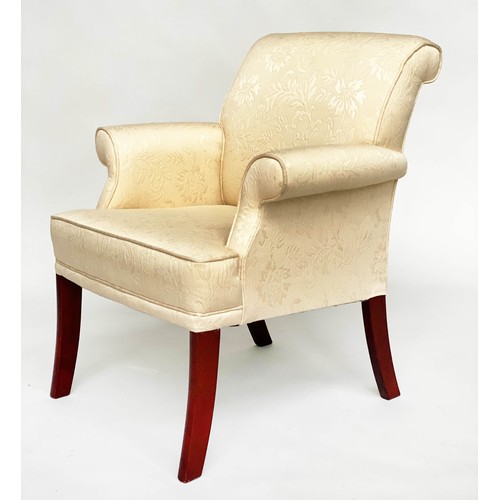 233 - ARMCHAIR, mid 20th century mahogany with ivory silk brocade upholstery and tapering supports, 72cm W... 