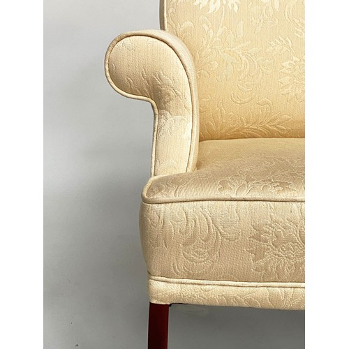 233 - ARMCHAIR, mid 20th century mahogany with ivory silk brocade upholstery and tapering supports, 72cm W... 