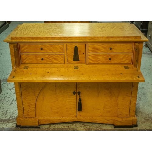 297 - SECRETAIRE, 82cm H x 107cm W x 51cm D, Biedermeier style birch, ebonised and brass mounted with fitt... 