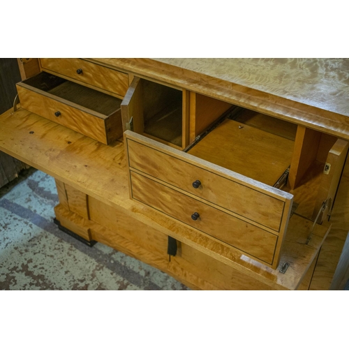 297 - SECRETAIRE, 82cm H x 107cm W x 51cm D, Biedermeier style birch, ebonised and brass mounted with fitt... 