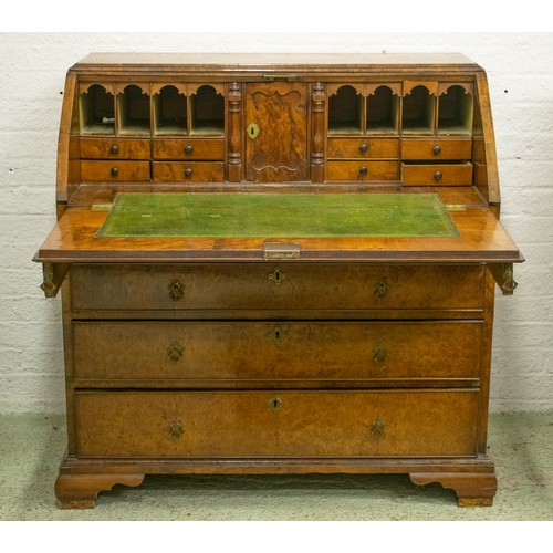 296 - BUREAU, 108cm W x 105cm H x 59cm D George II burr yewwood with a fall front enclosing a fitted inter... 