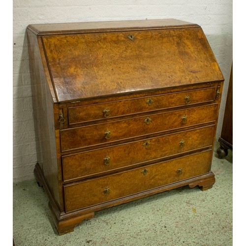 296 - BUREAU, 108cm W x 105cm H x 59cm D George II burr yewwood with a fall front enclosing a fitted inter... 