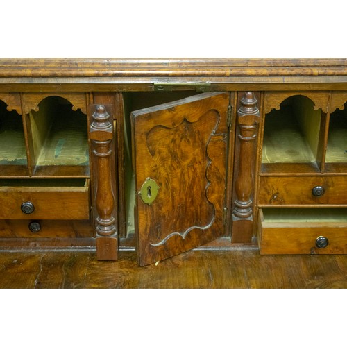 296 - BUREAU, 108cm W x 105cm H x 59cm D George II burr yewwood with a fall front enclosing a fitted inter... 