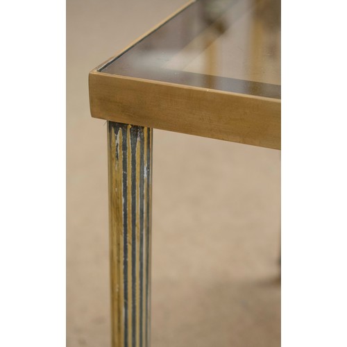 293 - LOW TABLE, 41cm H x 91cm W x 46cm D, brass with tinted glass top.