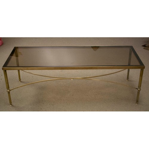 293 - LOW TABLE, 41cm H x 91cm W x 46cm D, brass with tinted glass top.