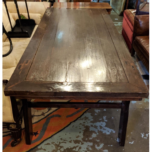 291 - CHINESE DINING TABLE, 199cm L x 76cm H x 84cm D elm with a rectangular mitred top on grooved support... 