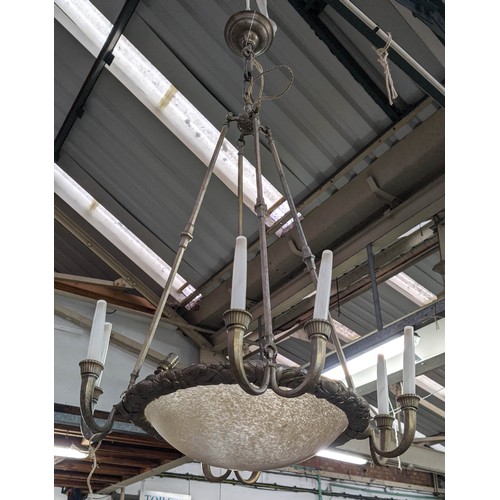 287 - CHANDELIER, approx 101cm H x 70cm W, silvered metal rod supports and glass plafonnier dish.