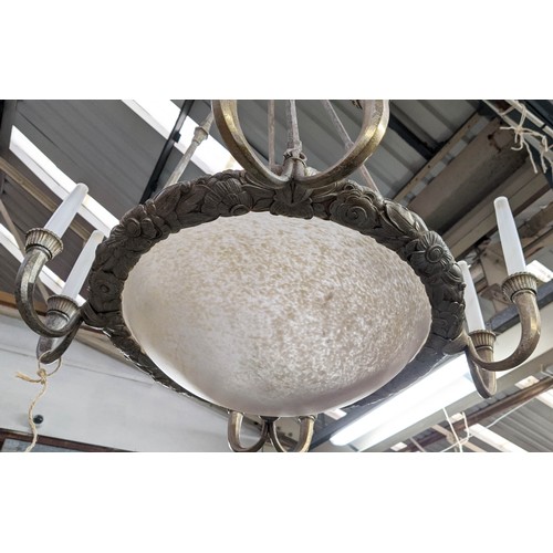 287 - CHANDELIER, approx 101cm H x 70cm W, silvered metal rod supports and glass plafonnier dish.