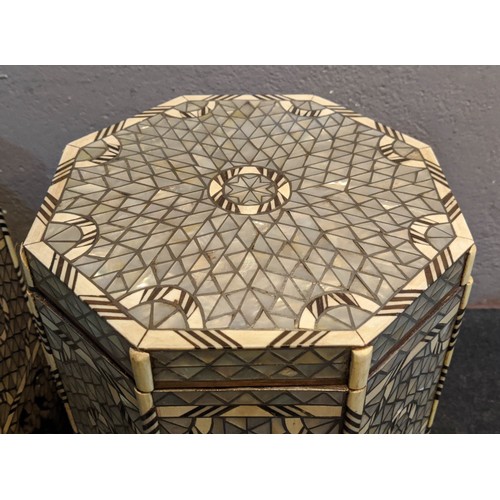 269 - MINUATURE OCCASIONAL TABLES, octagonal form, overlaid with mother of pearl bone and ebony oriental 2... 