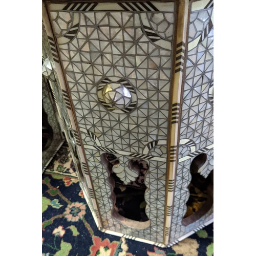 277 - OCCASIONAL TABLES, a pair, possibly Syrian, inlaid with mother of pearl, bone and ebony, octagonal f... 