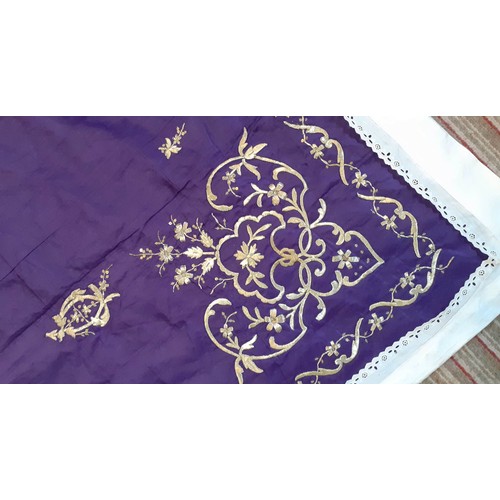 270 - ORIENTAL TABLECLOTH, handmade gold hand embroidered foliage on a purple ground, white linen edges, 1... 