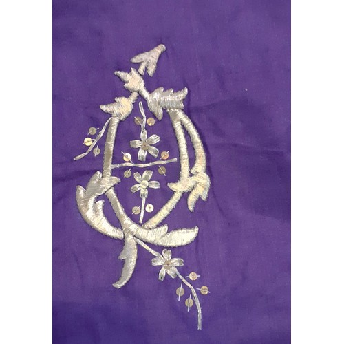 270 - ORIENTAL TABLECLOTH, handmade gold hand embroidered foliage on a purple ground, white linen edges, 1... 