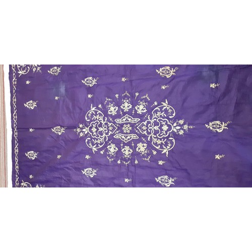 270 - ORIENTAL TABLECLOTH, handmade gold hand embroidered foliage on a purple ground, white linen edges, 1... 