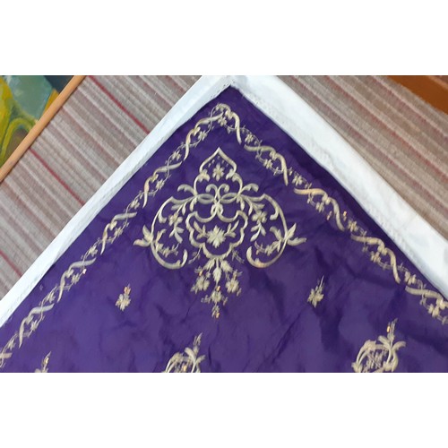 270 - ORIENTAL TABLECLOTH, handmade gold hand embroidered foliage on a purple ground, white linen edges, 1... 