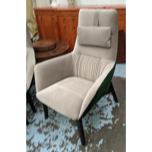 342 - CAMERICH QING LOUNGE CHAIRS, a pair, 108cm H, and stool, 55cm x 45c m x 35cm. (3)