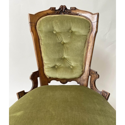 267 - SALON CHAIR, Victorian Aesthetic walnut with mint green velvet upholstery, 58cm W.