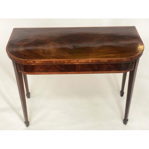 103 - TEA TABLE, George III flame mahogany and satinwood banded of D outline with spade feet, 96cm W x 45c... 