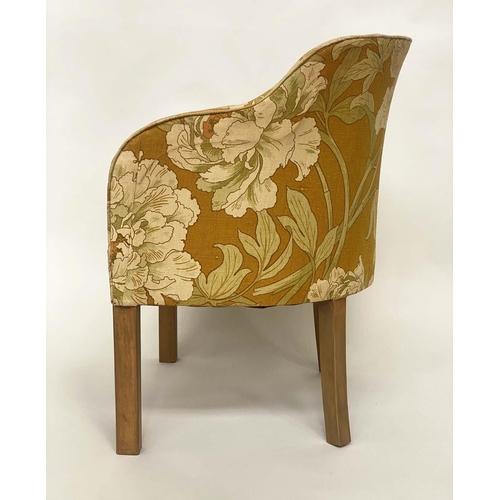 106 - TUB ARMCHAIR, mid 20th century tub-form and floral gold fabric upholstered, 58cm W.