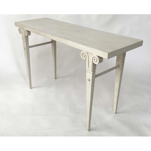 111 - HALL/CONSOLE WRITING TABLE, Spanish style shallow rectangular grey painted with scroll-headed taperi... 