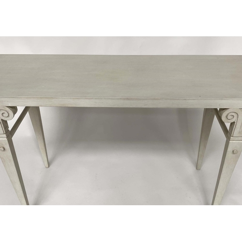 111 - HALL/CONSOLE WRITING TABLE, Spanish style shallow rectangular grey painted with scroll-headed taperi... 